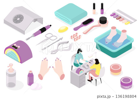 Manicure salon 3d isometric mega set in isometry graphic design. Collection elements of lamp, scissors, brush, towel, nail polish, color samples, hands, manicurist, other tools. Vector illustration. Manicure salon 3d isometric mega set in isometry graphic design. Collection elements of lamp, scissors, brush, towel, nail polish, color samples, hands, manicurist, other tools. Vector illustration. 136198804