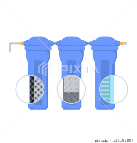 Water filtration filters in flat design. Purification system with fillers. Vector illustration isolated. Water filtration filters in flat design. Purification system with fillers. Vector illustration isolated. 136198807