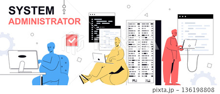System administrator concept in flat cartoon design for web banner. People monitoring server racks infrastructure, doing maintenance and technical repair, managing and supporting. Vector illustration. 136198808