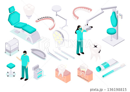Stomatology 3d isometric mega set in isometry graphic design. Collection elements of patient chair, braces, dentures, lamp, tools, examination mirror, dentist, toothbrush, other. Vector illustration. 136198815