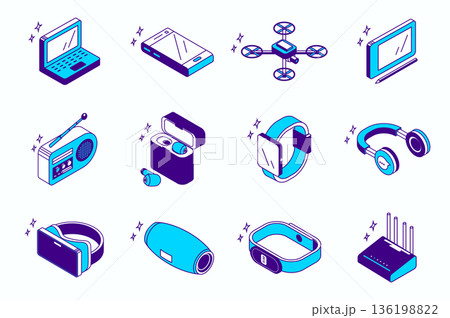 Devices and gadgets concept 3d isometric icons set for web isometry design. Collection elements of laptop, smartphone, drone, tablet and stylus, smart watch, vr headset, more. Vector illustration. Devices and gadgets concept 3d isometric icons set for web isometry design. Collection elements of laptop, smartphone, drone, tablet and stylus, smart watch, vr headset, more. Vector illustration. 136198822