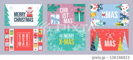 Merry Christmas cover template for social media. Xmas greeting cards with Santa Claus in chimney, fir branches with gifts, snowflakes, present boxes, candy canes, holly, pines. Vector illustration. Merry Christmas cover template for social media. Xmas greeting cards with Santa Claus in chimney, fir branches with gifts, snowflakes, present boxes, candy canes, holly, pines. Vector illustration. 136198823