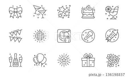 Party icons set in outline stroke design for web. Pack line pictograms with gift bow, champagne, stars, birthday cake, cocktail, garland, disco ball, dj music, karaoke, other. Vector illustration. 136198837