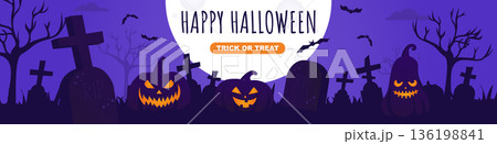 Happy Halloween banner design. Party invitation template with spooky pumpkins with glowing evil smile, huge mystery moon at night, flying bats, cemetery tombstones silhouette. Vector illustration. 136198841