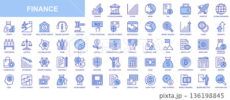 Finance web icons set in duotone outline stroke design. Pack pictograms with stock exchange, bear, tax, wallet, startup, global business, profit, bull, auction, payment, capital. Vector illustration. 136198845