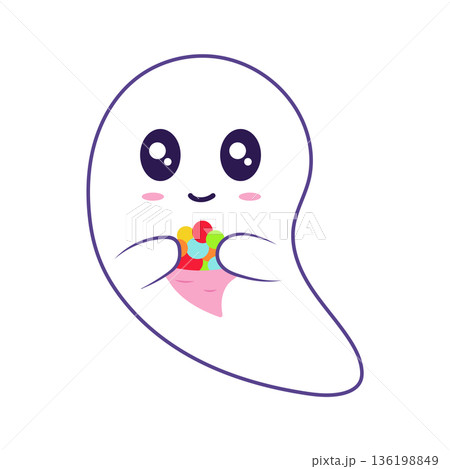 Halloween cute ghost in flat design. Happy spirit holds candies and flying. Vector illustration isolated. Halloween cute ghost in flat design. Happy spirit holds candies and flying. Vector illustration isolated. 136198849