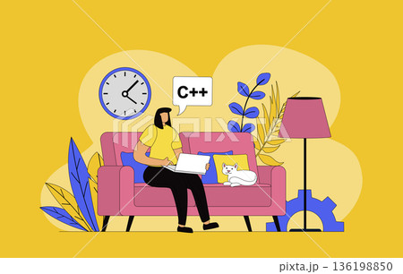 Freelance work concept with modern flat design for web. Woman designer working on laptop online and sitting at apartment, doing job tasks distantly and communicating in internet. Vector illustration. 136198850