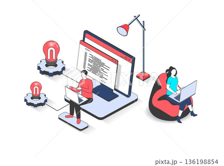 Software programming 3d isometric concept with isometry people design for web. Man and woman creating code at screens for new apps and programs, designer team working at laptops. Vector illustration. 136198854