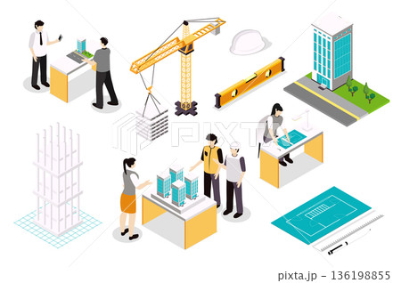 Construction engineers 3d isometric mega set in isometry graphic design. Collection elements of architect, crane, level, helmet, skyscraper, drawing plan, builders, frame, other. Vector illustration. 136198855