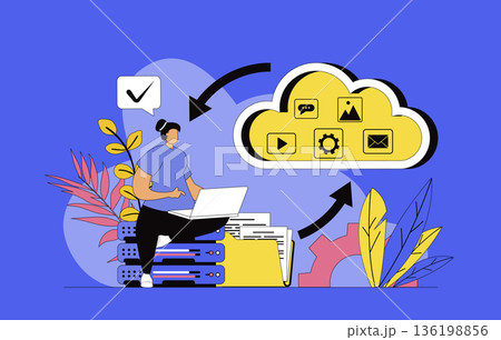 Cloud storage concept with modern flat design for web. Woman transfers content and files to cloud, creating data backup and opens access to users, managing digital files online. Vector illustration. 136198856