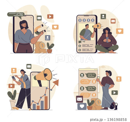 Social media marketing concept scenes set in flat web design. People in situations of making online advertising with influencers, attract targeting audience, sharing promo info. Vector illustrations. 136198858