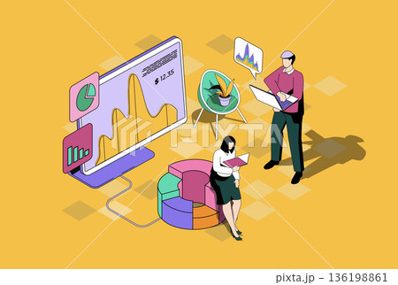 Business statistics web concept in 3d isometric graphic design. Isometry people scene with team analyzing stock market on diagrams, researching charts and graphs at screens. Vector illustration. Business statistics web concept in 3d isometric graphic design. Isometry people scene with team analyzing stock market on diagrams, researching charts and graphs at screens. Vector illustration. 136198861