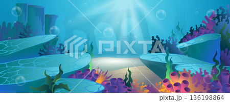 Underwater landscape background for banner design. Undersea bottom view with coral reef, different algae seaweeds, stones and ancient silhouette, blue water with sunlights. Vector cartoon illustration 136198864