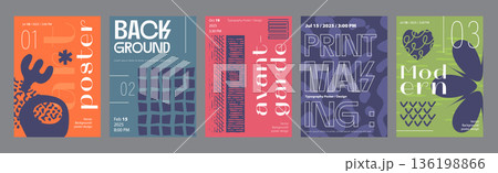 Abstract cover typography template. Posters layouts with expressive bold forms and dynamic organic shapes, flower, grids with grunge texture. Modern banners set in retro design. Vector illustration. 136198866