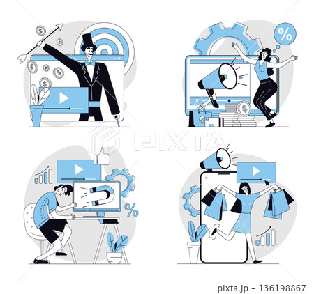 Video marketing concept set in flat design for web. Collection with people creating viral videos, posts content, making online advertising, attracting new followers and clients. Vector illustrations. Video marketing concept set in flat design for web. Collection with people creating viral videos, posts content, making online advertising, attracting new followers and clients. Vector illustrations. 136198867