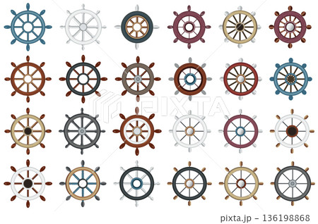 Wooden vintage steering wheels set elements in flat graphic design. Bundle objects of different colors captain ship navigator wheels, retro nautical rudders and navigation symbol. Vector illustration. 136198868