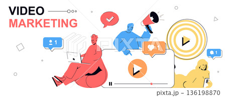 Video marketing concept in flat cartoon design for web banner. People analyzing market trends, creating viral video content, making advertisement with attracting audience traffic. Vector illustration. 136198870