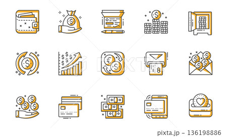 Money icons set in outline stroke design for web. Pack line pictograms with wallet, cash, bank safe, exchange, increase, data chart, currency, credit card in atm, payment, other. Vector illustration. Money icons set in outline stroke design for web. Pack line pictograms with wallet, cash, bank safe, exchange, increase, data chart, currency, credit card in atm, payment, other. Vector illustration. 136198886