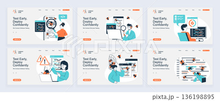 Software testing concept of landing page with slide templates set in flat design. Website headers with people find and fixing bugs in program code, do quality assurance analysis. Vector illustrations. Software testing concept of landing page with slide templates set in flat design. Website headers with people find and fixing bugs in program code, do quality assurance analysis. Vector illustrations. 136198895