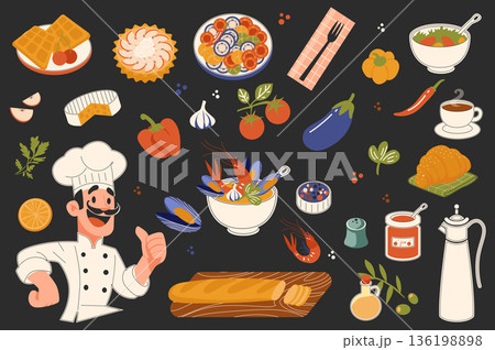 French food stickers set in flat graphic design. Collection elements of chef, wafers, ratatouille, cheese, oyster and shrimp, baguette bread, croissant, olive oil, coffee, other. Vector illustration. 136198898