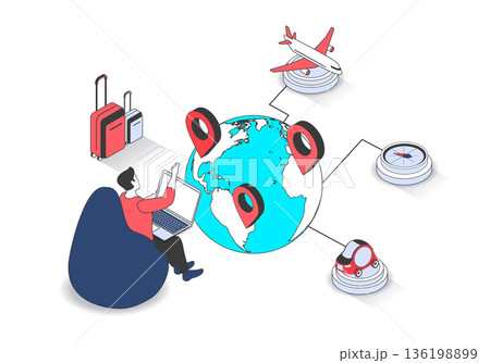 Travel vacation 3d isometric concept with isometry people design for web. Man planning vacation and booking online flight tickets with luggage, planning hiking and rest trip. Vector illustration. 136198899