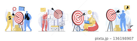 Business target concept set in flat design for web. Collection with people planning strategy and company mission, hitting bullseye at dartboard, achieving goals and challenges. Vector illustrations. 136198907