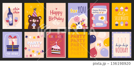 Birthday party cover typography template for posters, prints. Minimalistic banners set with champagne, happy bear, flower bouquet, congratulation message, cupcake, gift, cake. Vector illustration. Birthday party cover typography template for posters, prints. Minimalistic banners set with champagne, happy bear, flower bouquet, congratulation message, cupcake, gift, cake. Vector illustration. 136198920