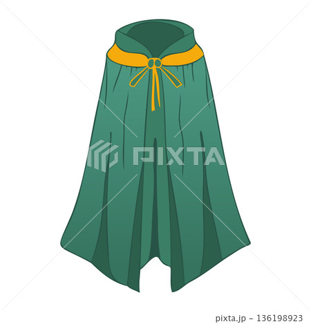 Green magic cloak in flat design. Mediaeval mantle with flowing fabric. Vector illustration isolated. 136198923