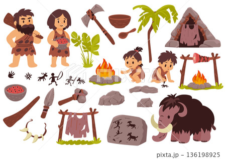 Stone age characters set in flat graphic design. Collection isolated elements with caveman family with children, plants, tools and weapons, cave housing, rock paintings, other. Vector illustration. 136198925