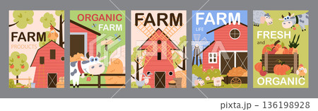 Farm products typography template posters. Vertical covers with cute ranch cows, sheeps, goats, pigs, red barn, organic gardening, other. Modern banners set in minimalism design. Vector illustration. 136198928