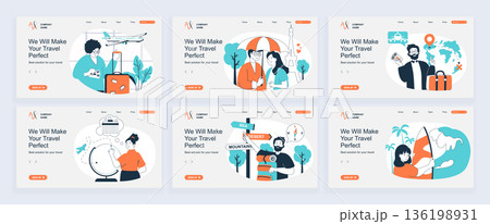 Travel concept of landing page with slide templates set in flat design. Website headers with people go in vacation, travelling in couple, booking tickets, planning global trip. Vector illustrations. 136198931