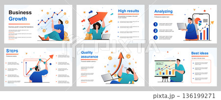 Business growth concept for presentation slide template. Businessman and businesswoman analyze financial data, develop successful strategy, work management. Vector illustration for layout design 136199271