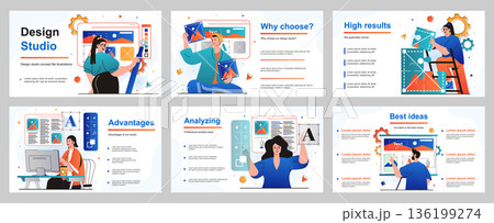 Design studio concept for presentation slide template. Illustrators draw images, graphic elements, choose colors and fonts, works at computer in creative agency. Vector illustration for layout design Design studio concept for presentation slide template. Illustrators draw images, graphic elements, choose colors and fonts, works at computer in creative agency. Vector illustration for layout design 136199274