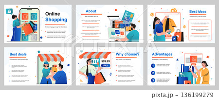 Online shopping concept for presentation slide template. People buys clothes or shoes on store website, paying for purchases with credit card at mobile app. Vector illustration for layout design 136199279