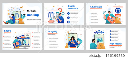 Mobile banking concept for presentation slide template. People pay for purchases or bills, make financial transactions in mobile application, bank online service. Vector illustration for layout design Mobile banking concept for presentation slide template. People pay for purchases or bills, make financial transactions in mobile application, bank online service. Vector illustration for layout design 136199280