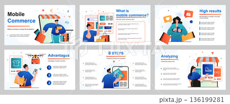 Mobile commerce concept for presentation slide template. People customers shopping in mobile application, online payment, ordering home delivery for purchases. Vector illustration for layout design Mobile commerce concept for presentation slide template. People customers shopping in mobile application, online payment, ordering home delivery for purchases. Vector illustration for layout design 136199281