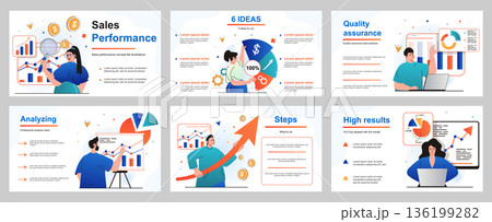 Sales performance concept for presentation slide template. People analyze financial data, business analytics and income growth, work with charts and graphs. Vector illustration for layout design Sales performance concept for presentation slide template. People analyze financial data, business analytics and income growth, work with charts and graphs. Vector illustration for layout design 136199282