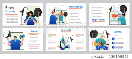 Photo studio concept for presentation slide template. People work as photographers, do photo shoots in professional studio with special lighting and equipment. Vector illustration for layout design 136199291