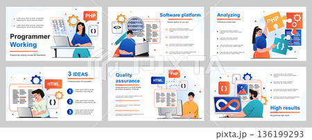 Programmer working concept for presentation slide template. Developers program in different programming languages, create software, coding and optimization. Vector illustration for layout design Programmer working concept for presentation slide template. Developers program in different programming languages, create software, coding and optimization. Vector illustration for layout design 136199293