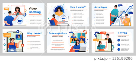 Video chatting concept for presentation slide template. People talking with friends or colleagues by mobile phones or computers, make video calls and conferences. Vector illustration for layout design 136199296