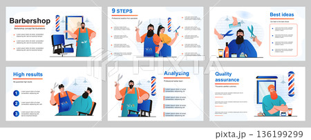 Barbershop concept for presentation slide template. Hairdresser makes haircuts and shaves beards of clients, professional hair care service in male salon. Vector illustration for layout design Barbershop concept for presentation slide template. Hairdresser makes haircuts and shaves beards of clients, professional hair care service in male salon. Vector illustration for layout design 136199299