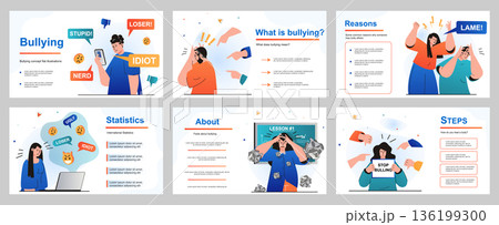 Bullying concept for presentation slide template. People suffer from abuse and problems at school, work or Internet. Toxic communication, depression and stress. Vector illustration for layout design Bullying concept for presentation slide template. People suffer from abuse and problems at school, work or Internet. Toxic communication, depression and stress. Vector illustration for layout design 136199300