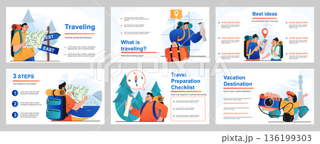 Traveling concept for presentation slide template. People with backpacks or luggage go on vacation for travel, hiking, visiting different cities and sightseeing. Vector illustration for layout design Traveling concept for presentation slide template. People with backpacks or luggage go on vacation for travel, hiking, visiting different cities and sightseeing. Vector illustration for layout design 136199303