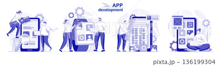 App development isolated set in flat design. People program and develop software for mobile phone collection of scenes. Vector illustration for blogging, website, mobile app, promotional materials. App development isolated set in flat design. People program and develop software for mobile phone collection of scenes. Vector illustration for blogging, website, mobile app, promotional materials. 136199304
