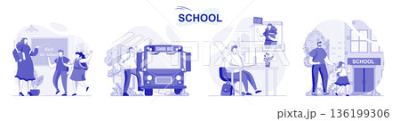School isolated set in flat design. People get education, pupils and students learning at lessons collection of scenes. Vector illustration for blogging, website, mobile app, promotional materials. 136199306
