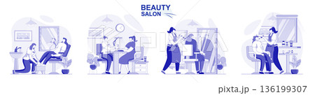 Beauty salon isolated set in flat design. People get manicure, pedicure, makeup, hairdresser works collection of scenes. Vector illustration for blogging, website, mobile app, promotional materials. Beauty salon isolated set in flat design. People get manicure, pedicure, makeup, hairdresser works collection of scenes. Vector illustration for blogging, website, mobile app, promotional materials. 136199307