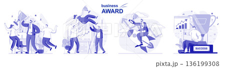 Business award isolated set in flat design. People celebrate victory, get cup, win trophies, success collection of scenes. Vector illustration for blogging, website, mobile app, promotional materials. Business award isolated set in flat design. People celebrate victory, get cup, win trophies, success collection of scenes. Vector illustration for blogging, website, mobile app, promotional materials. 136199308