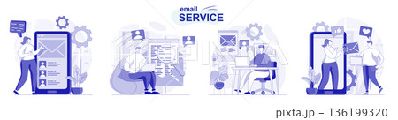 Email service isolated set in flat design. People send and receive letters, personal correspondence, collection of scenes. Vector illustration for blogging, website, mobile app, promotional materials. 136199320
