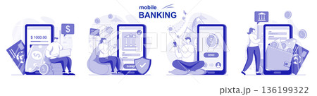 Mobile banking isolated set in flat design. People make financial transactions using application, collection of scenes. Vector illustration for blogging, website, mobile app, promotional materials. 136199322