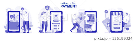 Online payment isolated set in flat design. People making banking transactions using applications, collection of scenes. Vector illustration for blogging, website, mobile app, promotional materials. 136199324